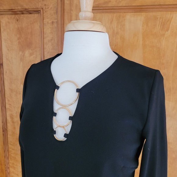 Boston Proper Black Keyhole Tunic 3/4 Sleeve Metallic 3 Ring Neck Detail. S/M - Picture 4 of 10